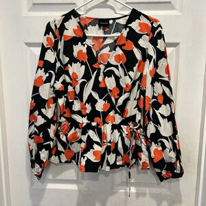 Who What Wear Black Floral Wrap Blouse with Orange and White Tulips